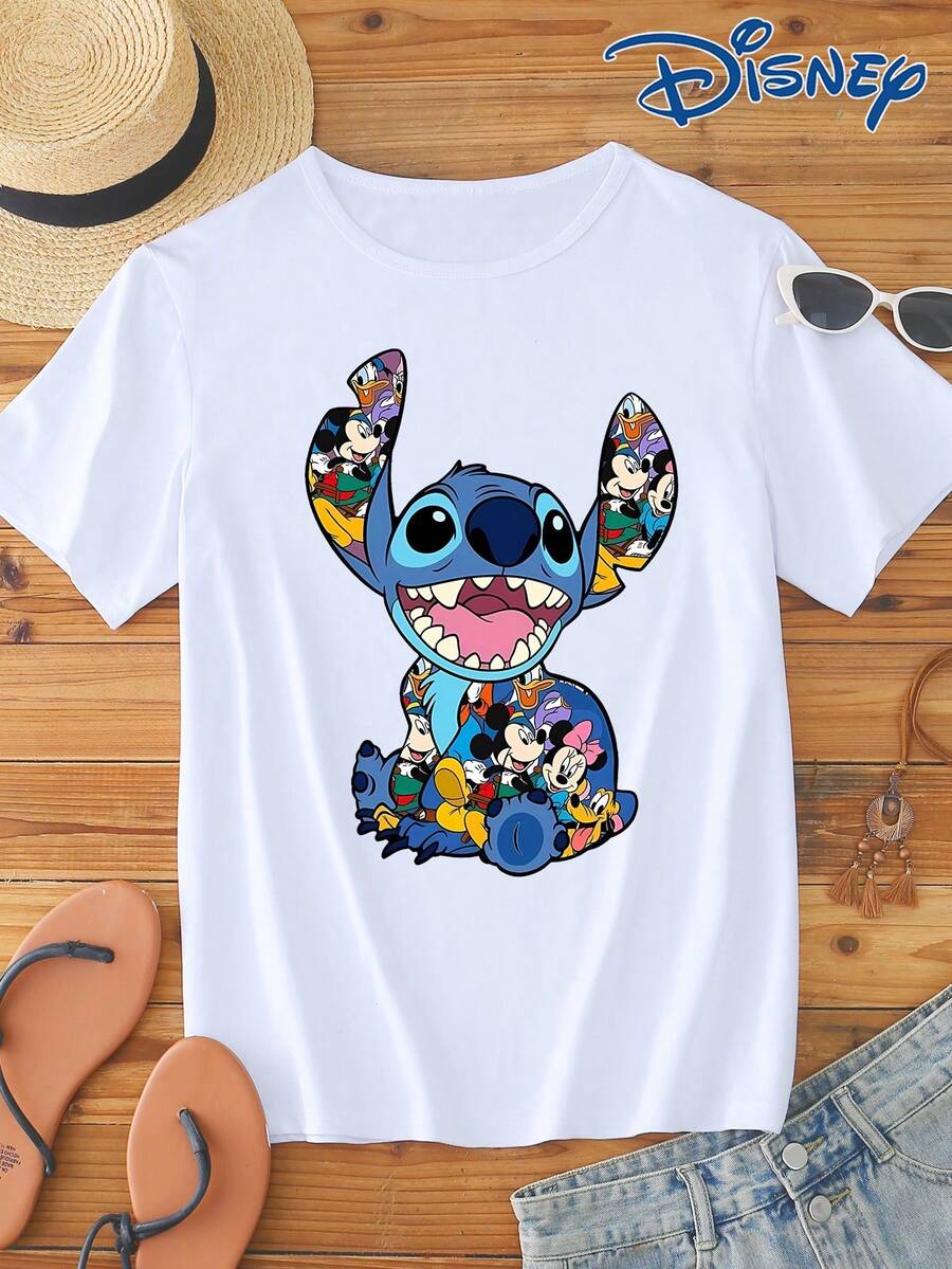 Disney Licensed, Best-Selling Women's Print: Minnie Mouse Head, Diamond Sparkle, Bow, Fashionable And Cute Printed Short-Sleeved Crew Neck T-Shirt. Crew Neck, Casual, Comfortable, Stylish, And Versatile, Suitable For Spring, Summer, And Autumn. Optimistic Design, Elastic Fabric. - trắng - Xem 1
