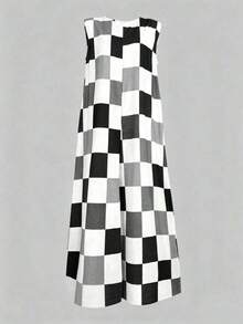 Plus Size Women's Sleeveless Jumpsuit With Colorful Plaid Print, For Summer - Black and White - View 2