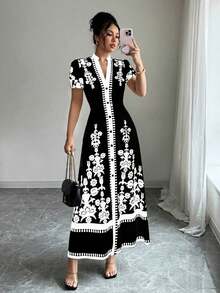 Vestido de verano de corte slim con estampado para mujer - Blanco y Negro - Ver 3