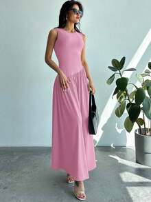 Vestido largo de color verde oliva de uso diario simple para mujer, sin mangas con cintura fruncida - Rosa - Ver 3