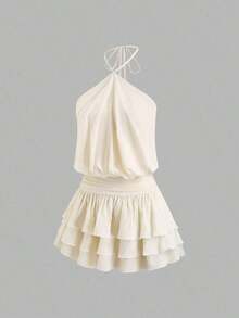 Vestido mini con espalda descubierta, estilo sexy y picante, de cuello halter, adecuado para citas, vacaciones y verano - Blanco - Ver 8