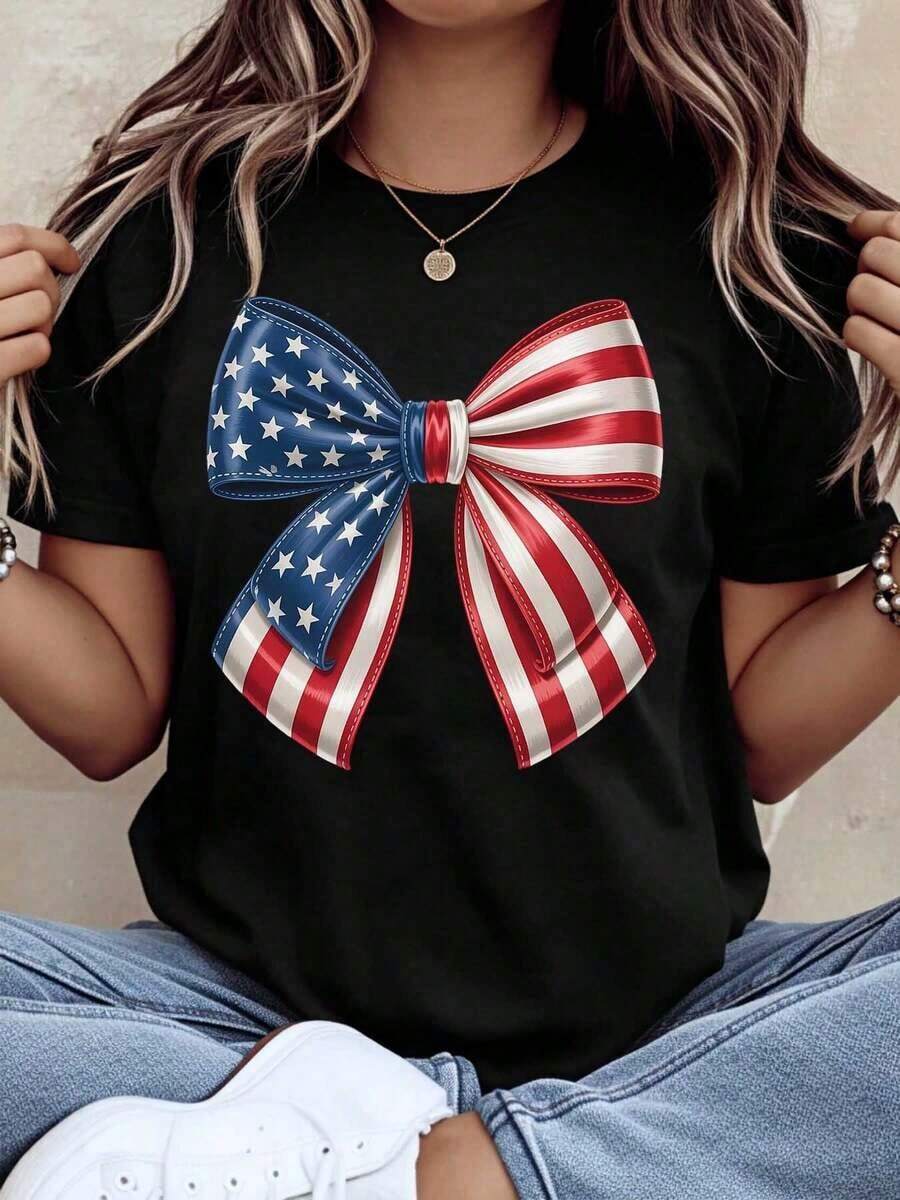 1 Piece Women's Patriotic T-Shirt With American Flag Bow, 4th Of July Independence Day Celebration, Casual Summer Top, Red, White And Blue Star And Stripe Design, 220g/180g 100% Cotton - 黑色 - 查看 1
