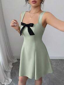 Nuevo vestido de verano elegante y romántico con contraste de color, lazo en la cintura y silueta ajustada de línea A, ideal para bodas y fiestas - verde menta - Ver 4