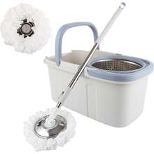 Spin Mop And Bucket Set White Blue Floor Cleaning System With Stainless Steel Basket And Mop Disc 53" Extendable Long Pole 2 Microfiber Heads Included For Hardwood Tile Home - A - 查看 6