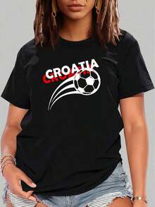 Women's Short-Sleeved T-Shirt With Round Neck, Euro Cup Football Print, Casual And Versatile Sports Top For Women, Soft And Drapey, Suitable For Daily Wear, Office, School, Vacation, Camping, Versatile Style, Making Your Summer More Vibrant And Colorful. - 黑色 - 查看 6