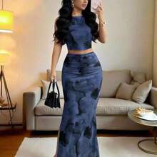 guang zhou mi qian shang mao  Vestido ajustado de mujer con abertura, de malla con efecto tie-dye degradado sin mangas, conjunto de 2 piezas - Azul marino - Ver 1
