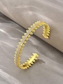 2 piezas Juego de brazalete y anillo de cobre con flor de circonita cúbica hueca estilo europeo de lujo, regalo personalizado de alta gama adecuado para la novia, apto para usar en banquetes - Dorado - Ver 4