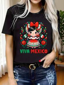 Camiseta Casual de Mujer con Estampado, Cuello Redondo, Manga Corta, Tejido Ligeramente Elástico, Estilo Regular, Cómoda para Todas las Estaciones, Ropa de Mujer - Negro - Ver 7