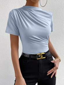 Camiseta con cuello de tortuga fruncida - Azul - Ver 6