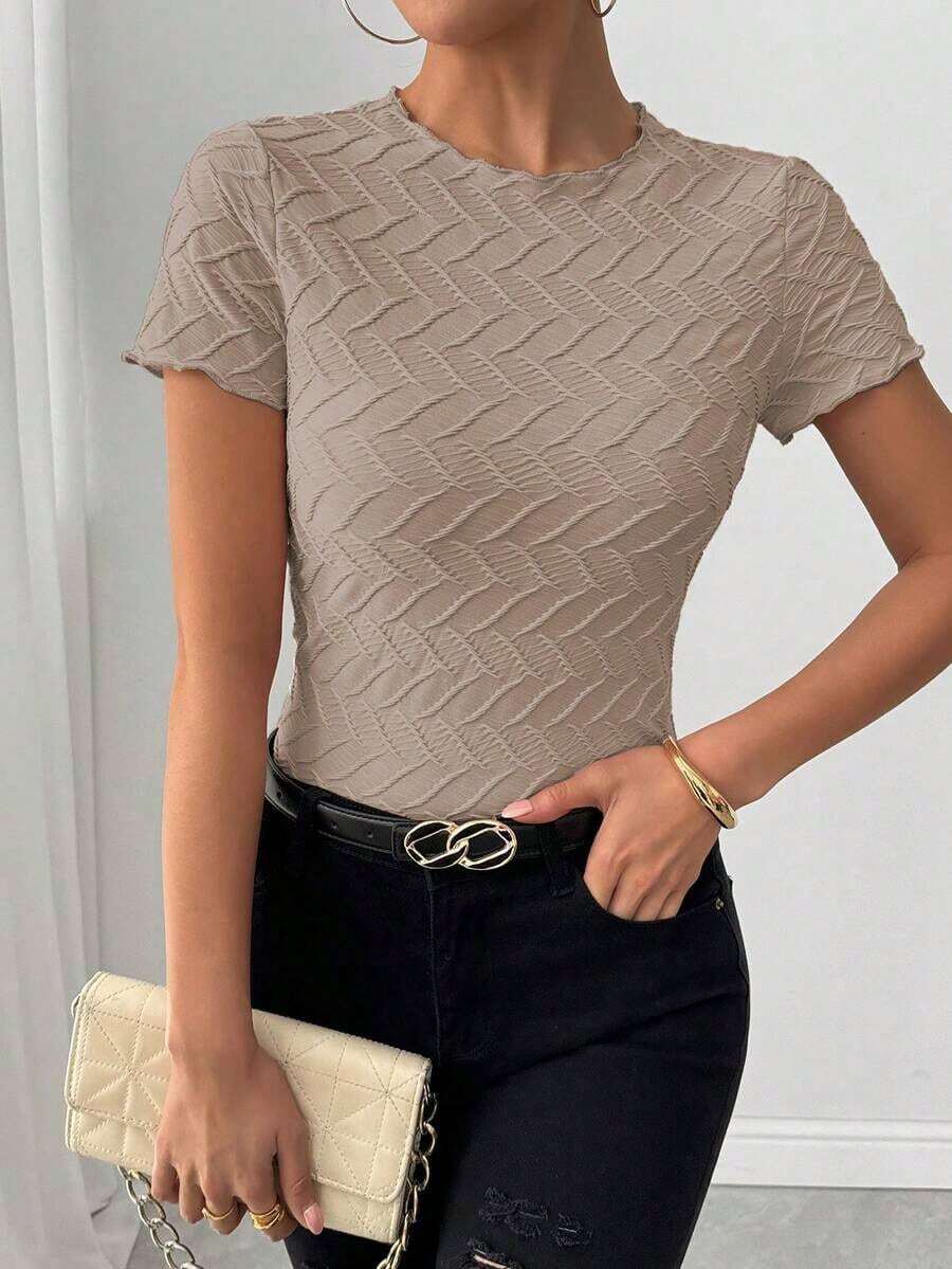 Camiseta de manga corta con textura elegante, primavera/verano - Caqui - Ver 1