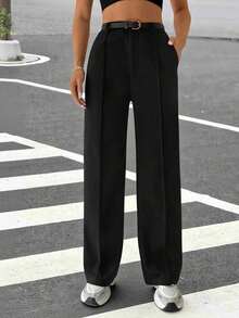 Pantalones de traje de mujer con bolsillos laterales sesgados, líneas de costura visibles para otoño/invierno - Negro 2 - Ver 6