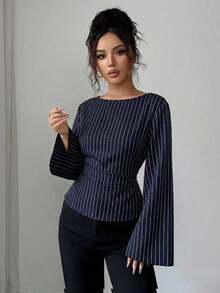 Blusa de manga larga con rayas y pliegues en la espalda para mujer - Azul marino - Ver 7
