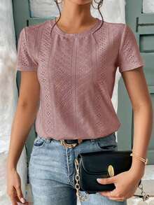 Frenchy Camiseta de cuello redondo con bordado de ojales sólidos - Rosa vieja - Ver 4