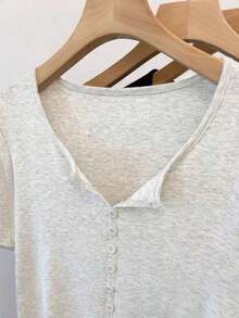 Camiseta de manga corta con botones, estilo minimalista retro casual Mori Girl para mujer - Gris - Ver 3