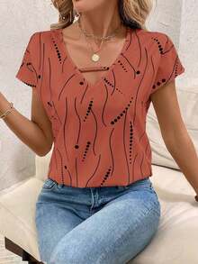 Blusa de mujer con detalles de rayas de contraste y calados, top de manga corta - Naranja Coral - Ver 8