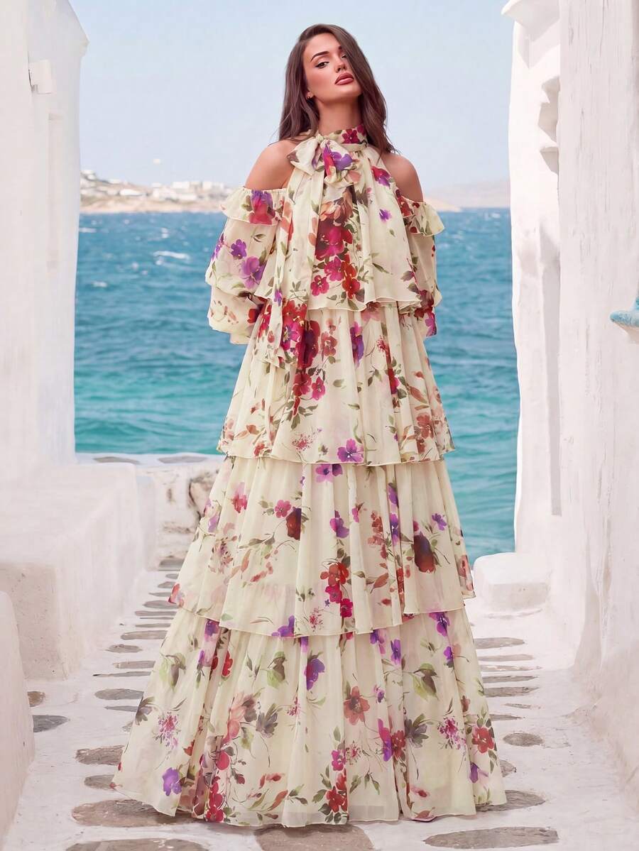 Faeriesty Floral Print Chiffon Off-Shoulder Dress, Layered Floral Print And Delicate Ruffle Hem Design, Elegant Flowing Silhouette, Suitable For Weddings, Garden Parties, Formal Events, And Vacation - Light Yellow - View 1