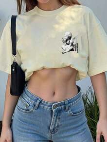Suave Camiseta de manga corta estilo casual Y2K para mujer, con estampado de letras y diseño de niña ángel, 200g de algodón puro,  mujer, blusa para mujer, ropa deportiva de mujer - Albaricoque - Ver 2