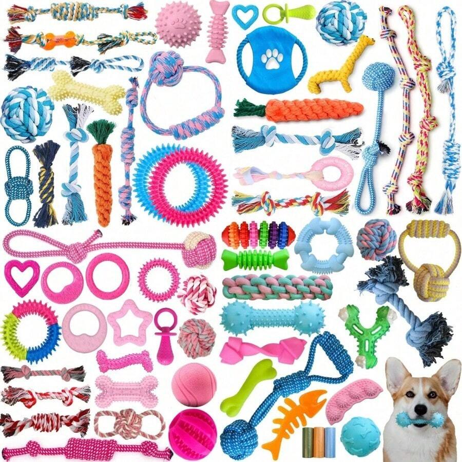 16pcs Durable Dog Chew Toys - Suitable For Spring/Summer Outdoor Use, Variety Of Shapes And Textures. Made Of Plastic In Assorted Colors And Styles. Ideal For Medium To Large Breed Dogs. However, Large Dogs With Strong Biting Force May Easily Damage These Toys. - Blue - View 1