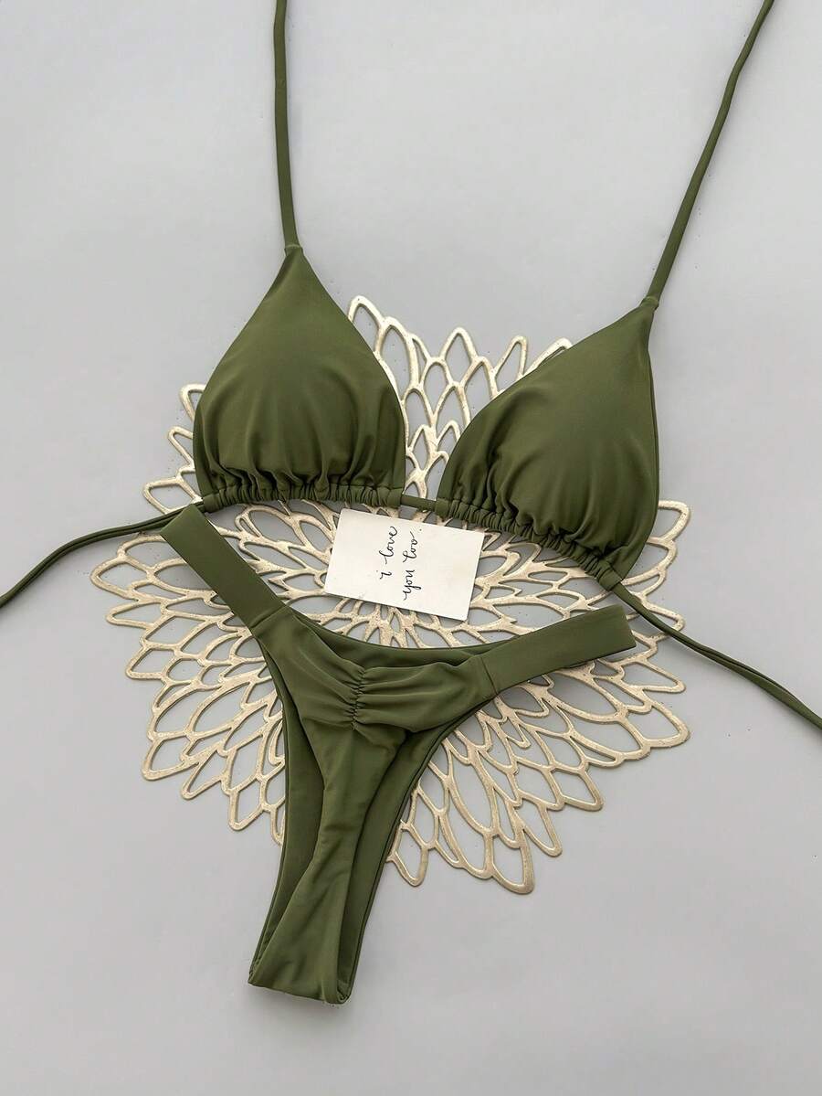 2 món bikini buộc dây tết họa tiết hoa phong cách Bohemian gợi cảm thanh lịch thường ngày, phù hợp đi biển & nghỉ dưỡng, xuân/hè - Màu xanh Ô liu - Xem 1