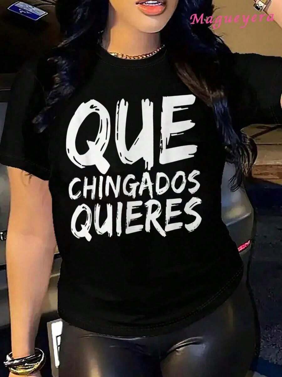 Divertida camiseta estampada 'Qué chingados quieres' para mujer, estilo casual, algodon de alta calidad, colores y blanco, talla S a XL, ideal para fines de semana, salidas, moda urbana, camiseta gráfica para jóvenes.Pure-Cotton - Negro - Ver 1