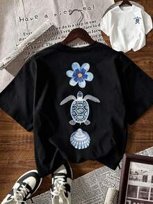 Camiseta de manga corta con cuello redondo para mujer, a la moda para el verano - Negro - Ver 5