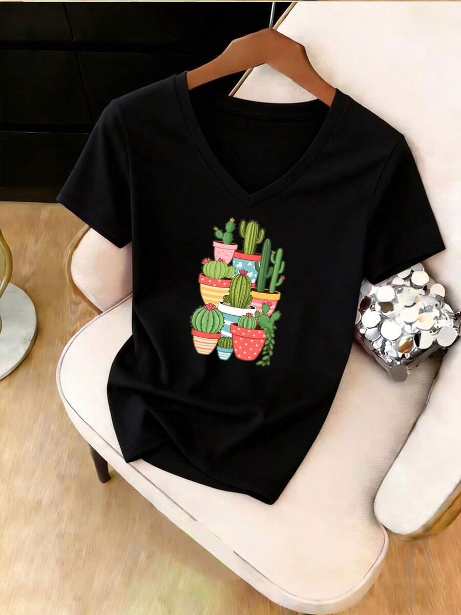 Talla grande - talla extra grande - camiseta de mujer, hecha de algodón puro, tela ligera y transpirable, diseño de cuello redondo, diseño estampado, corte de manga corta, adecuada para primavera y verano. - Negro - Ver 1