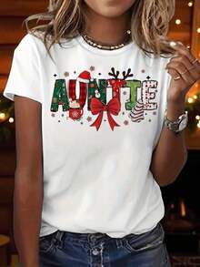 Camiseta con Estampado Gráfico Estético para Tía, con Diseño de Regalo Navideño, Mangas Cortas y Cuello Redondo, Perfecta para Uso Casual en Primavera y Verano, Ropa de Mujer - Blanco - Ver 1
