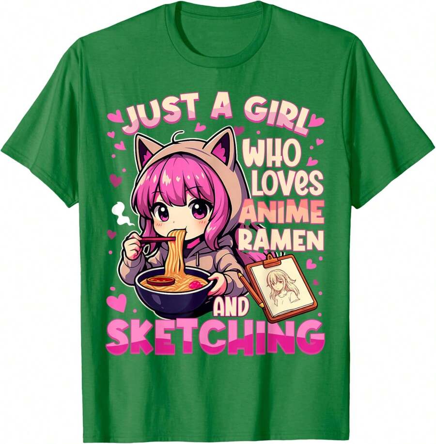 Solo una chica que ama el ramen de anime y dibujar anime japonés - Camiseta - Verde Kelly - Ver 1