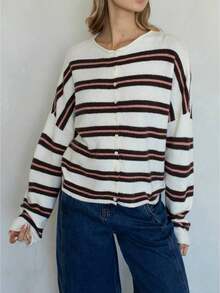 Women Knit Cardigan Long Sleeve Button Closure Fall Casual Jacket Loose Striped Sweater - Blanco - Ver 1