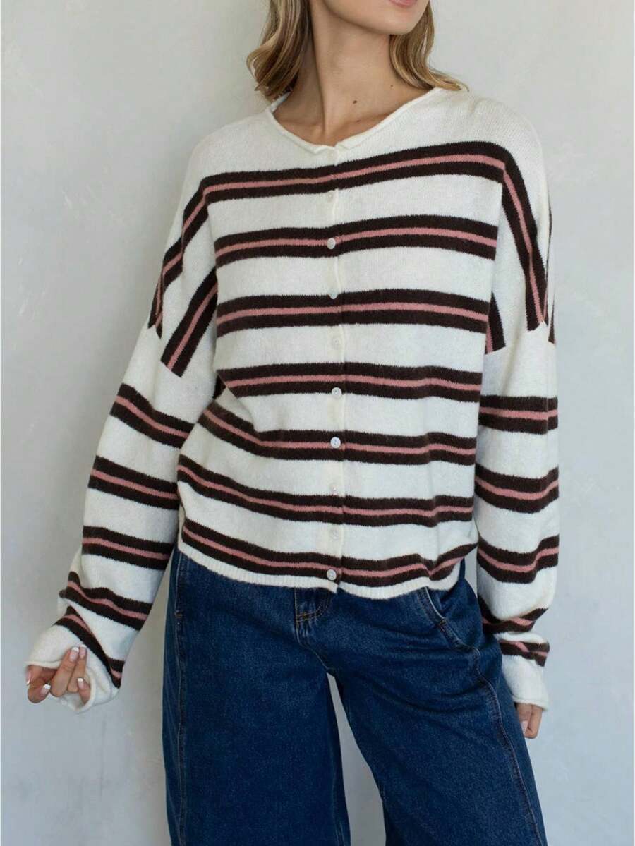 Women Knit Cardigan Long Sleeve Button Closure Fall Casual Jacket Loose Striped Sweater - Blanco - Ver 1