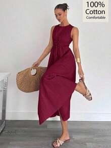 Vestido largo de línea A sin mangas de lino y algodón para mujer, primavera y verano - Burdeos - Ver 1