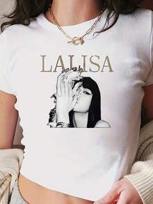 Camiseta corta de moda para mujer, , Lisa de cuello redondo, manga corta a la moda, estilo Y2K, top corto sexy, diseño único, blusas para mujer, blusas casuales para damas, tops casuales para mujer, tops, unisex. - Blanco - Ver 6