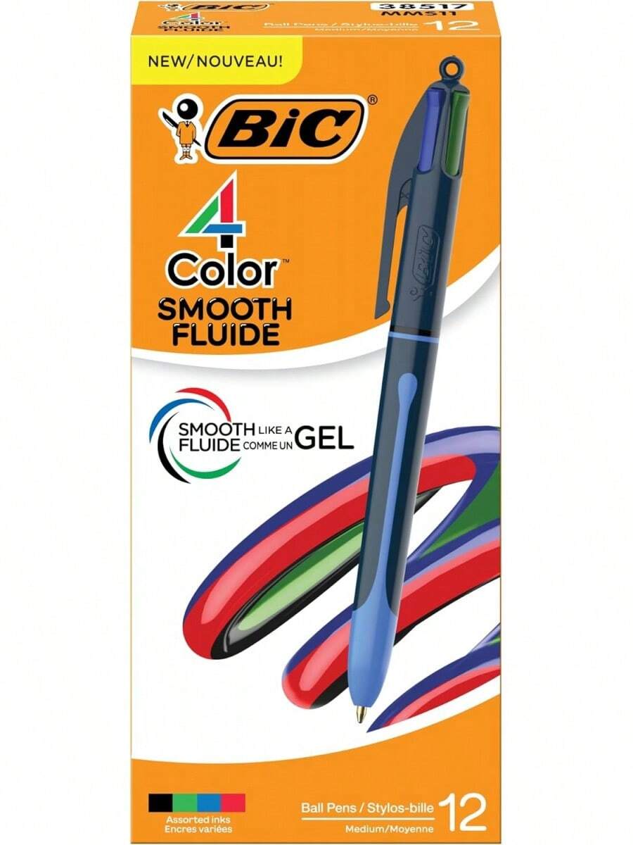 BIC 4-Color Retractable Ballpoint Pens With 1.0 Mm Medium Point And Assorted Ink Colors, 12-Count Pack - Black, Blue, Green, Red Ink - View 1