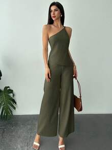 New Spring-Summer Set, Elegant Vacation Style, 2-Piece Asymmetric Off-Shoulder Ruffle Top And High-Waisted Pants For Women - Army Green - View 5
