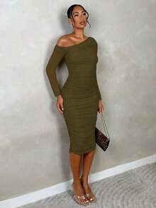 xheSHEIN  Vestido elegante y ceñido de manga larga y longitud media, con diseño de pliegues en malla, para usar en citas o fiestas, para mujer, otoñalxhe - Verde militar - Ver 4