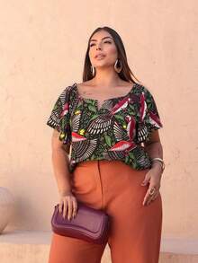 Women's Plus Size  Blouse - Tropical Print Black - View 2