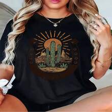 1 pieza de playera  para hombre y mujer, 100% algodón puro, cuello redondo casual con estampado, manga corta transpirable para uso diario, dise?o con marco de cactus y hierba de caballo en la parte superior - Negro - Ver 2