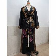 Conjunto de dos piezas para mujer primavera‑verano, estilo retro con estampado, blusa holgada de cuello en V profundo sexy con cordón y pantalones de pierna ancha - Negro - Ver 4