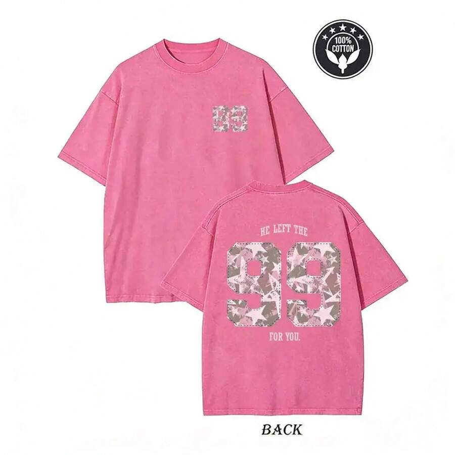 Graphic T-Shirt With "99" Star Print And Washed Effect From Christian "He Left The 99 For You" - Pink - View 1