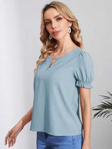 Blusa verde con cuello de ojo de cerradura y manga abullonada, blusas de manga corta - Azul - Ver 6