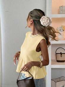 Blusa sin mangas de punto para mujer, estilo minimalista casual, unicolor, bajo con volantes, favorecedora, adecuada para ir a trabajar, citas, vacaciones, tiempo libre - albaricoque profundo - Ver 4