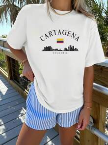 Blusa casual para mujer, camiseta de manga corta con cuello redondo, 100% algodón, lavable a máquina, fácil cuidado, diseño casual con estampado de letras, silueta de la ciudad de Cartagena y insignia de la bandera, nueva colección de verano 2026 para uso diario y viajes, camisas de algodón para mujer. - Albaricoque - Ver 11