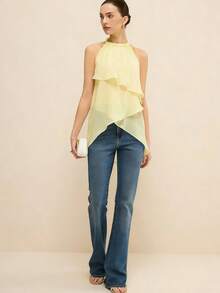 Women Chiffon Halter Tops Summer Trendy Asymmetrical Layered Backless Shirts for Streetwear Aesthetic Grunge Clothes - amarillo claro - Ver 2