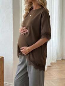 Maternity 3/4 Sleeve Lace Trim Top, Loose Comfortable Blend Maternity T-Shirt, Suitable For Daily Work, Home And Casual Wear Summer Brown - Brown - View 1