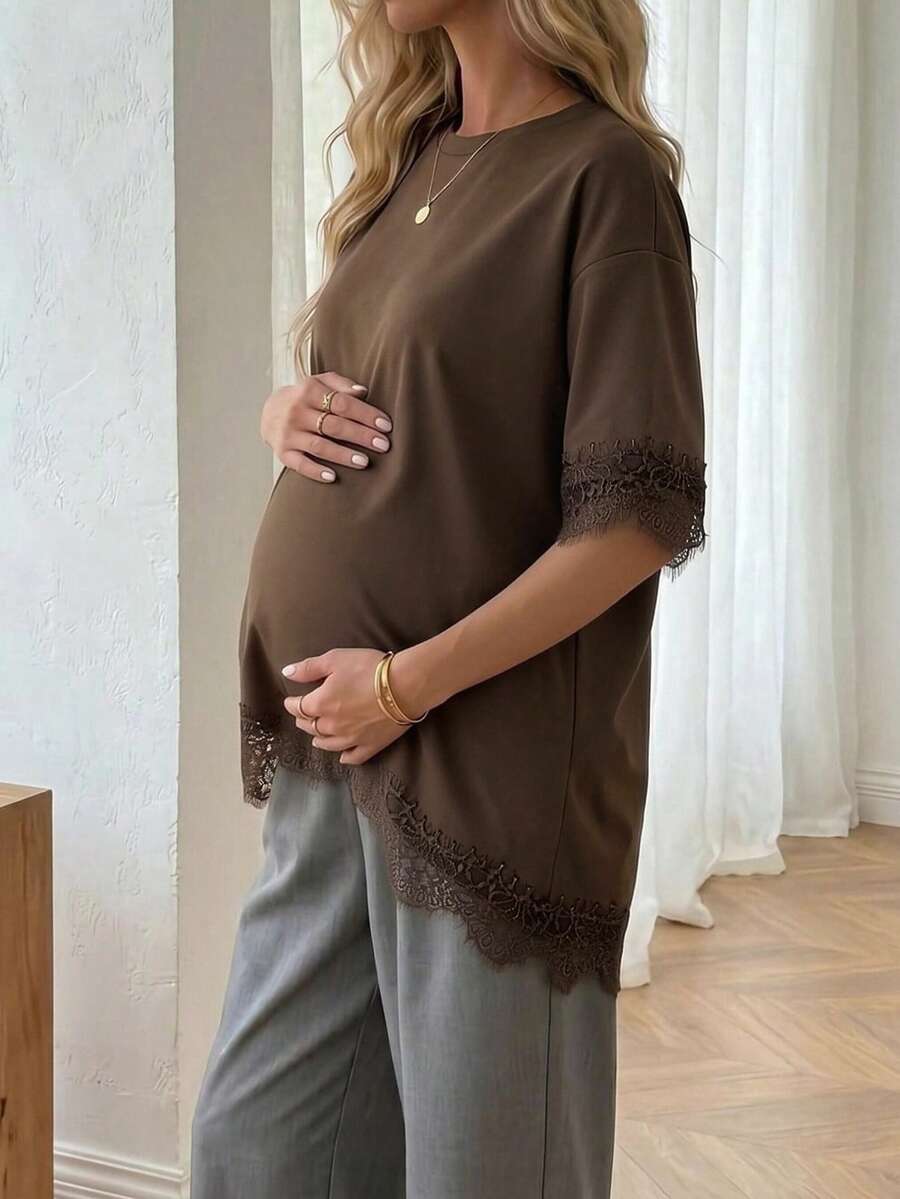 Maternity 3/4 Sleeve Lace Trim Top, Loose Comfortable Blend Maternity T-Shirt, Suitable For Daily Work, Home And Casual Wear Summer Brown - Brown - View 1