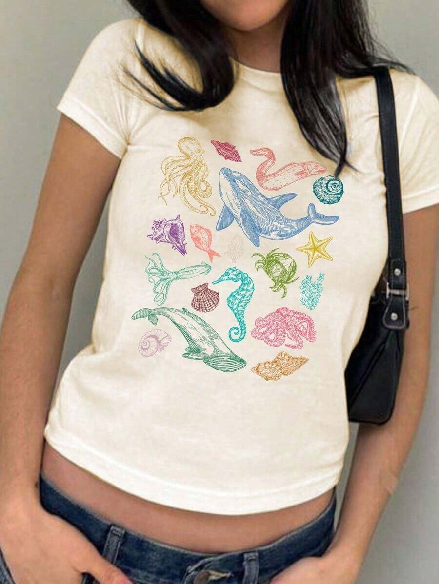 Y2K Style, Fashion Style, Newest 2026, Cute Style, Casual Style, Women's Blouses > Clothing. Graphic Tee With Marine Life Print And Color Blocks In Y2K Style For Summer Vacation, For Women 180g (S-XXXL) - 杏 - 查看 1