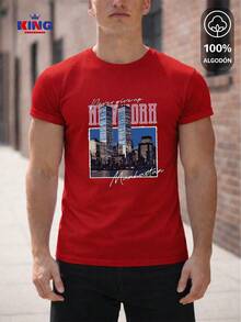 King T-shirt Playera 100% algodón de excelente calidad, esta playera garantiza una suavidad excepcional al tacto, cuello redondo con estampado "New York Manhattan Vintage Skyline" y manga corta - Rojo - Ver 1