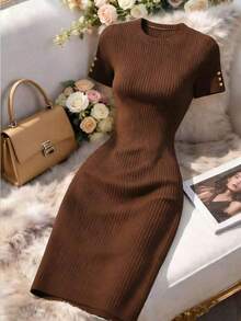 Vestido casual de mujer de manga corta con estampado minimalista - Marrón - Ver 7