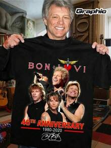 Camiseta gráfica de la edición del 40 aniversario de Jon Bon Jovi - Esta camiseta de 1980 celebra la banda con su famoso logo e imágenes de todos los miembros.Es unisex, de corte ajustado, lo que la convierte en un regalo ideal para fans de la música rock y entusiastas. - Negro - Ver 3