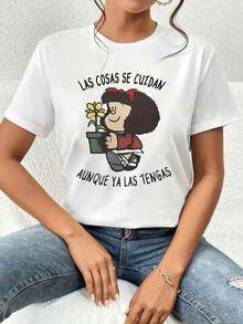 Illustration Of A Girl With A Flower And The Motivational Phrase "THINGS ARE CARED FOR EVEN IF YOU ALREADY HAVE THEM" Which Conveys Tenderness And Care. Women's T-Shirt, 100% Cotton, Comfortable And Casual, Ideal For Everyday Use - 白色的 - 查看 6